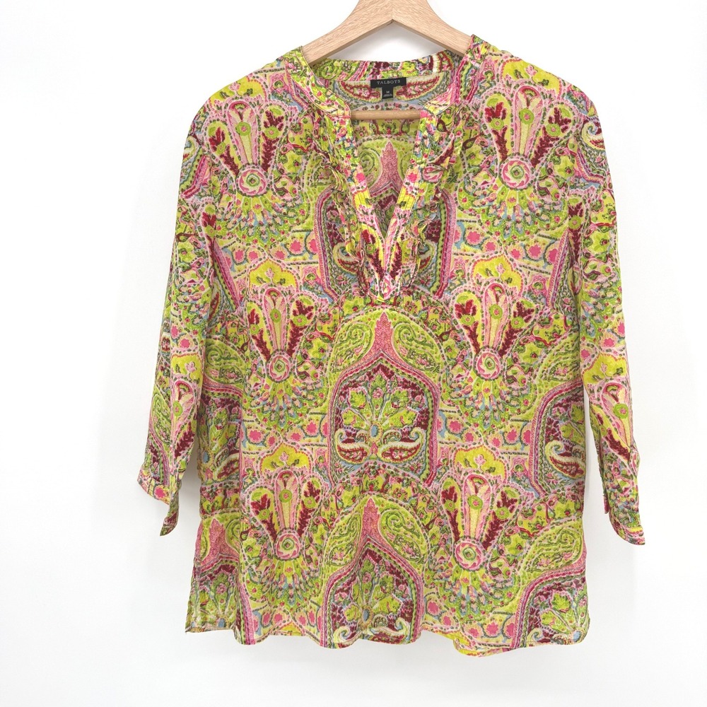 Talbots Blouse Womens Medium Green Pink Paisley Ruffle V-Neck‎ Cotton Top